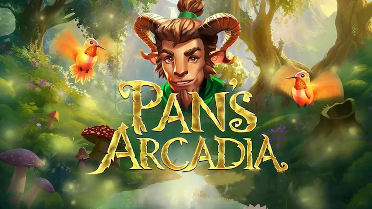 Tampilan layar permainan slot Pan's Arcadia dengan hutan mistis dan simbol dewa kuno.