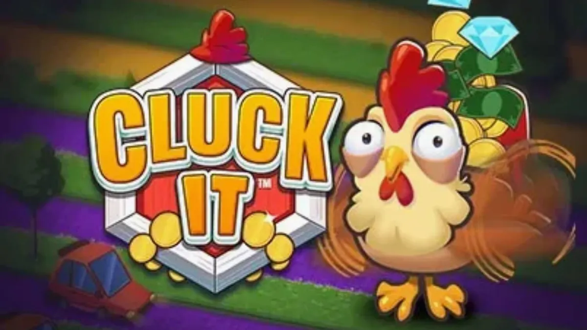 Tampilan visual permainan Cluck It dengan karakter ayam di latar pedesaan