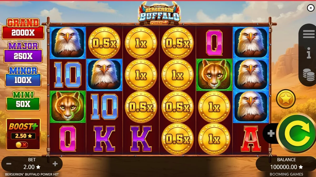 Tampilan visual slot Berserkin’ Buffalo Power Hit dengan latar belakang badai dan simbol hewan buas.