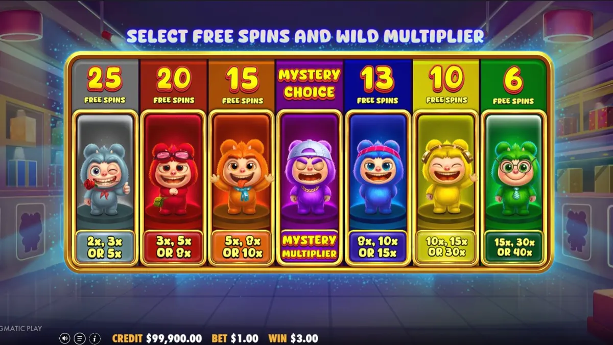 Tampilan visual slot Furry Bonanza Megaways dengan karakter beruang lucu dan grafis penuh warna